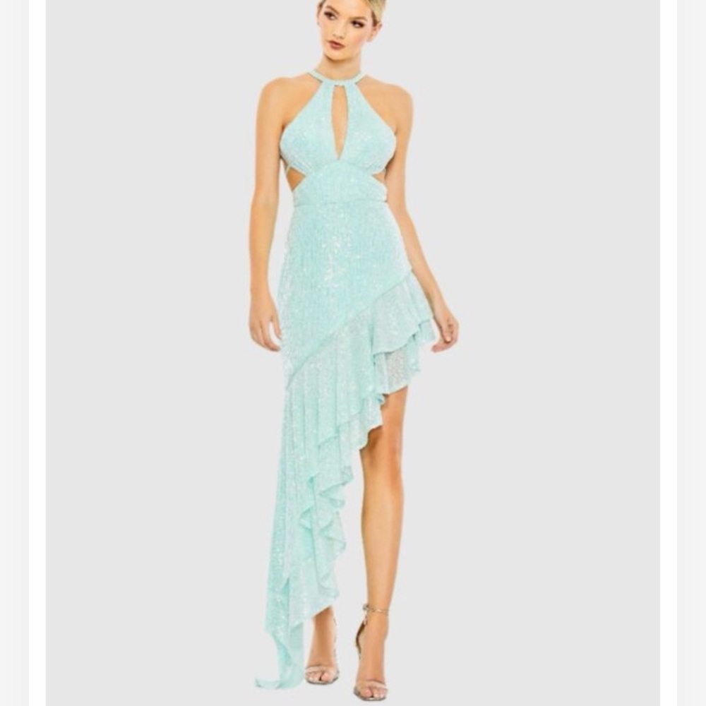 NWT Mac Duggal A11274 Halter Neckline Asymmetrical Dress, Aqua Size: 8 100% Auth